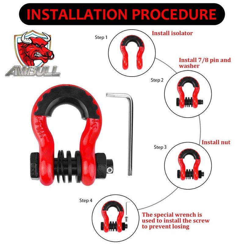 AMBULL Shackles 3/4" D Ring Shackle (2 Pack) 45,000lb Break Strength with 7/8" Pin, Anti Theft Security Screws, Isolator & Washer Kits for Use with Tow Strap Winch Truck Vehicle Recovery, Red - Image 5